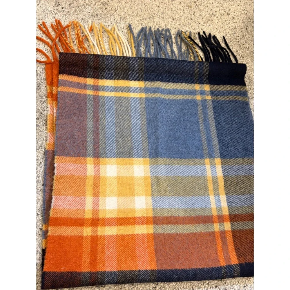 Woolmark Pure New Wool Plaid Scarf Made in Italy Blue Orange Yellow Fringe